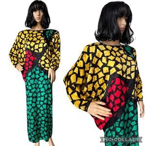 1980s Guy Laroche Silk Colorblock Mosaic Printed Dress Dolman sleeve size small
